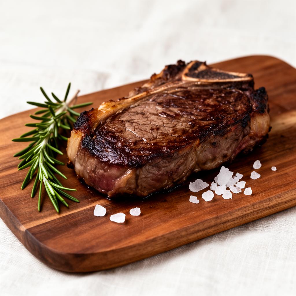 A perfectly seared ribeye steak on a warm walnut board with rosemary and sea salt