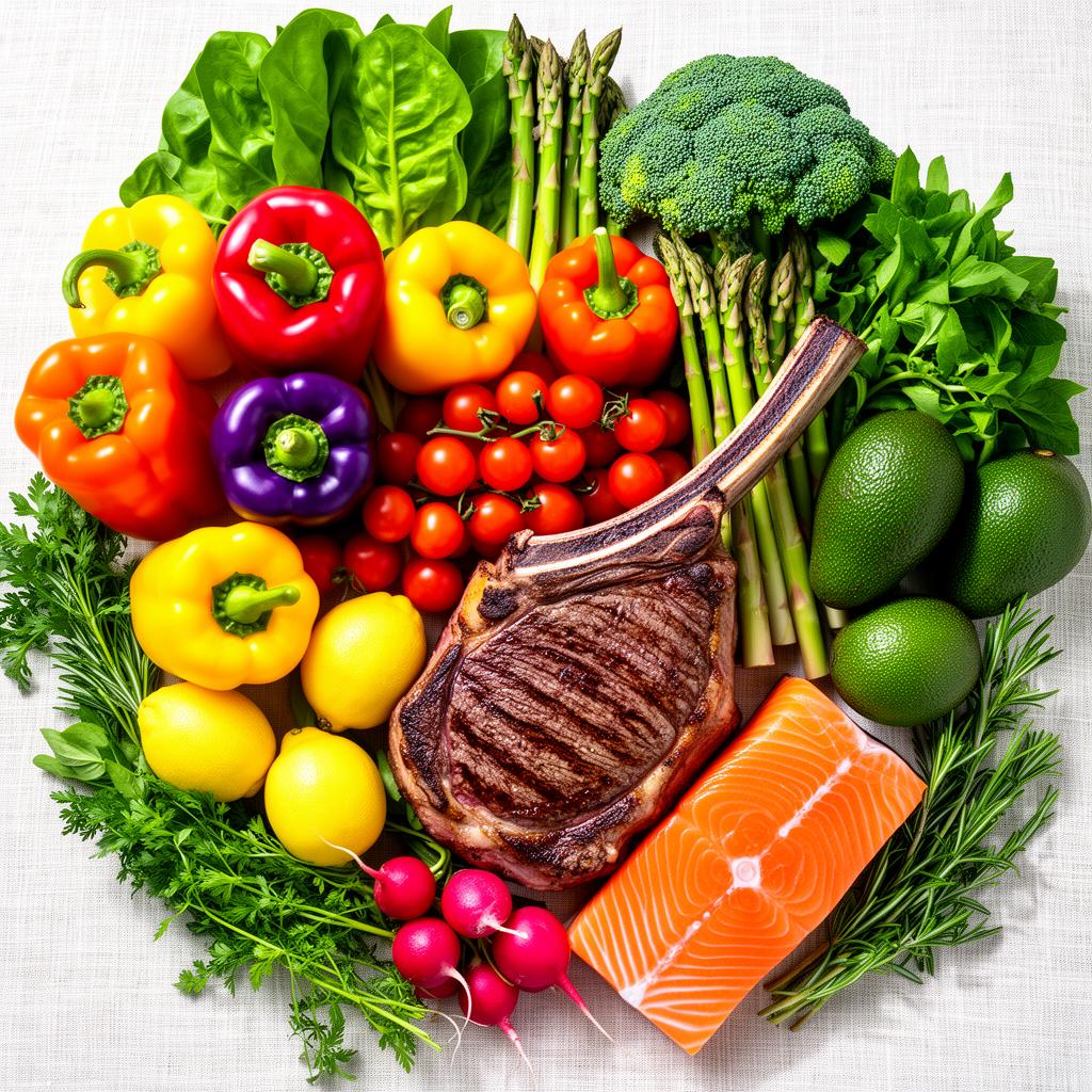 Cornucopia of vibrant green vegetables — broccoli, kale, spinach, asparagus, avocados, green apples — paired with a perfectly grilled ribeye steak