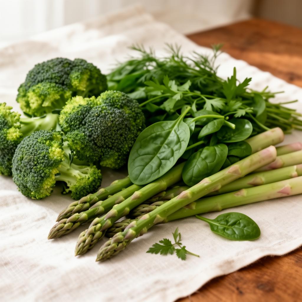 Fresh green broccoli, asparagus, spinach and herbs on natural linen